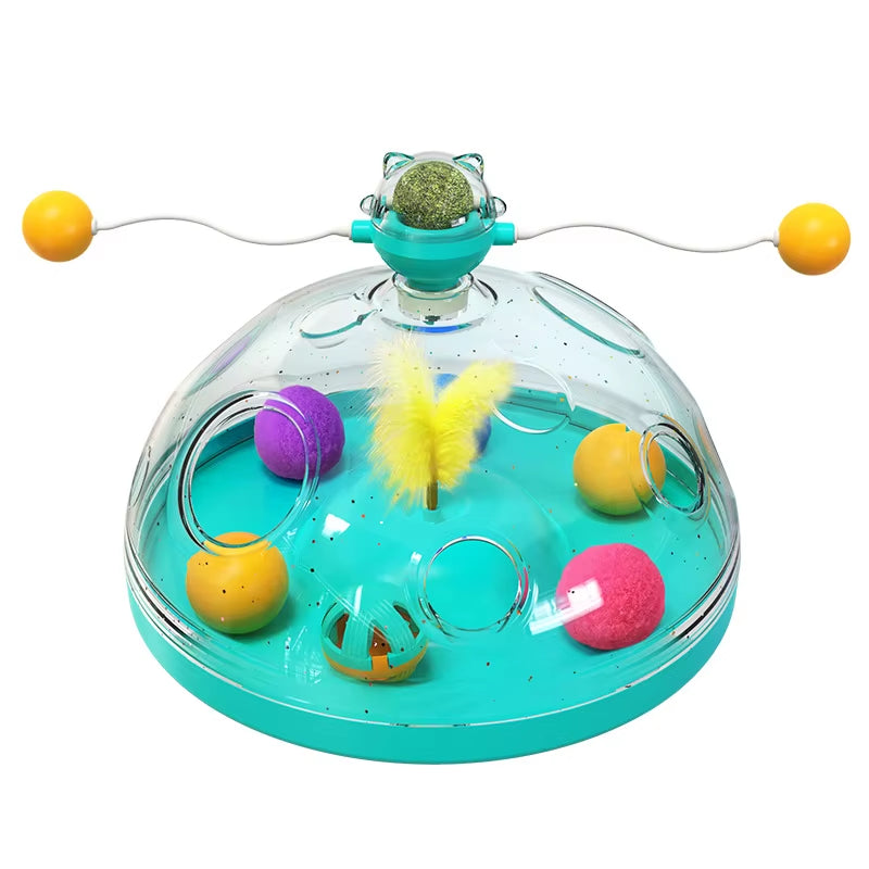 Cat Puzzle Toys Indoor for Kitten Interactive Games Spinning Track Balls & Feather Teaser Toy Stimulation Brain Treasure Chest