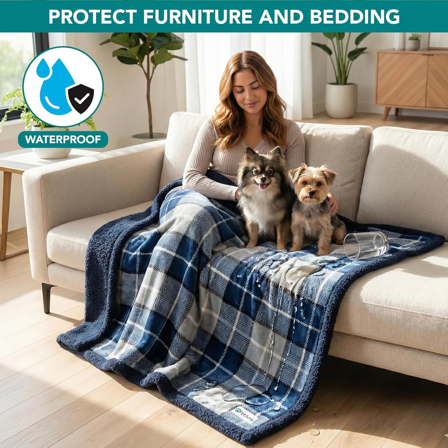 Waterproof Dog Blanket for Small Puppy Cat, 29X40, Plaid Light Grey