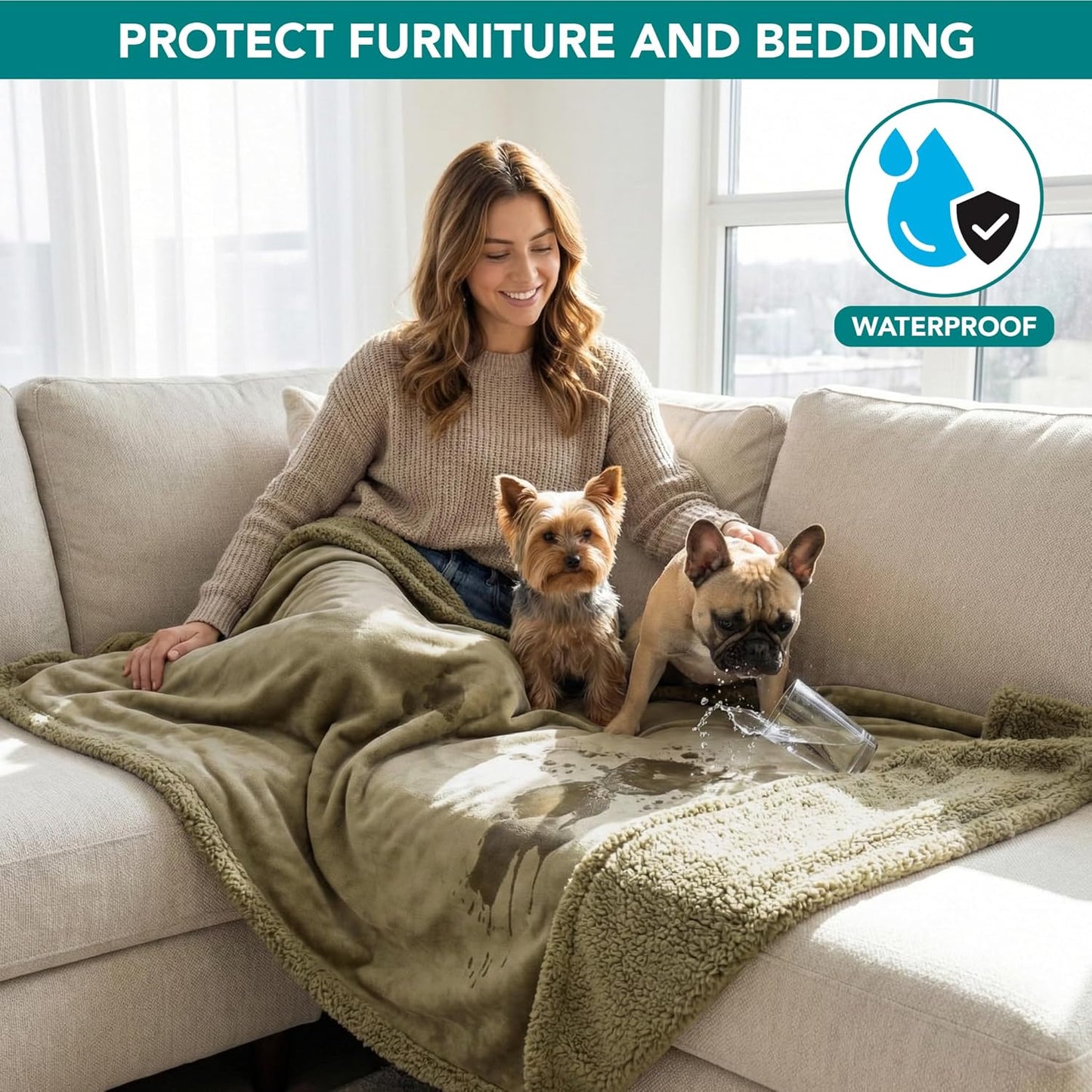 Waterproof Dog Blanket for Medium Large Dog Pet, 60X40, Taupe Sherpa | 460 GSM Sherpa Fleece Reversible, Pee Proof Cat Blanket, Furniture Protector Cover for Couch Bed Sofa Kennel, Washable, Large