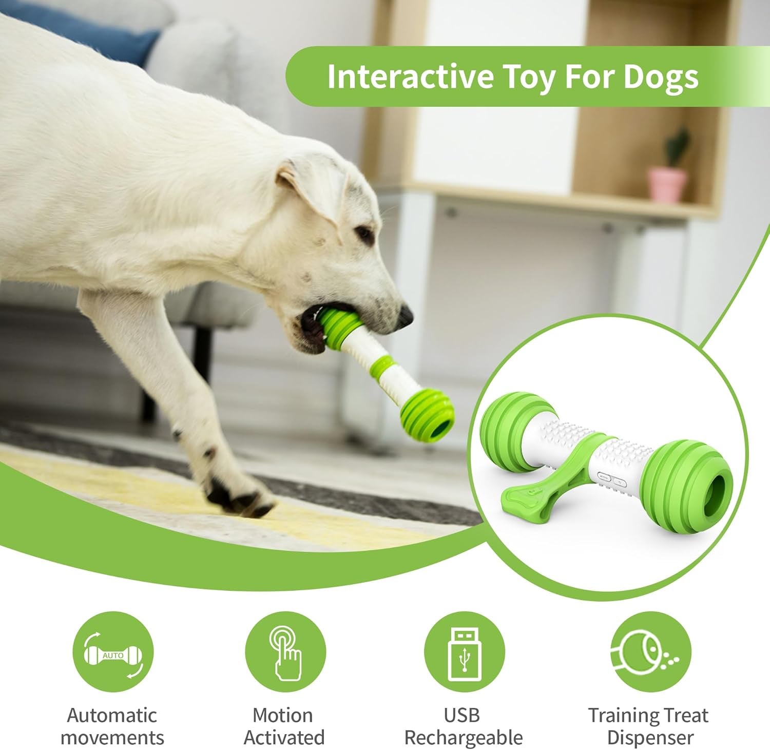 Interactive Dog Toys, Motion Activated Electronic Dog Toy Interactive Dog Bone Toys for Medium Large Dogs, USB Rechargeable Automatic Dog Toy for Boredom and Stimulating (Green)