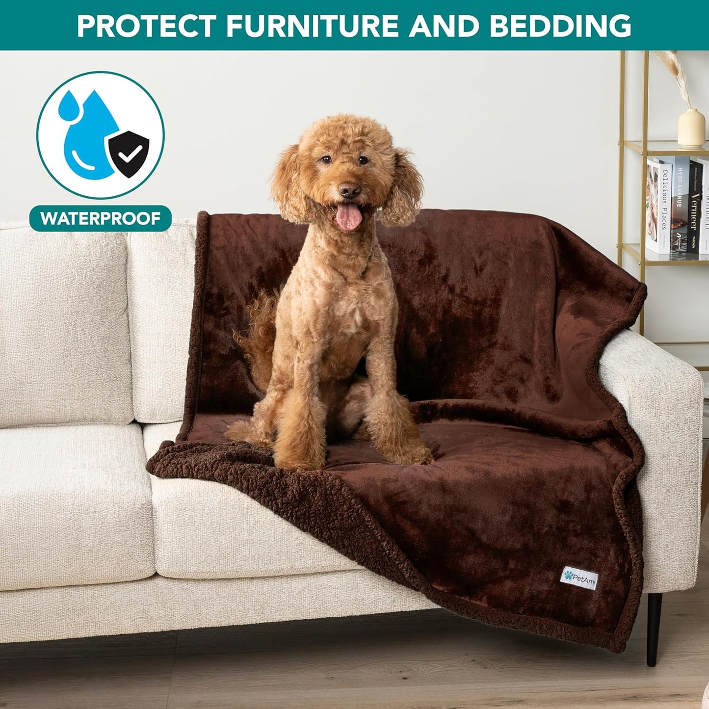Waterproof Dog Blanket for Large Dog Cat Pet, 60X80, Brown Sherpa | 460 GSM Sherpa Fleece Reversible, Pee Proof, Furniture Protector Cover for Couch Sofa Bed Kennel, Washable, Extra Large