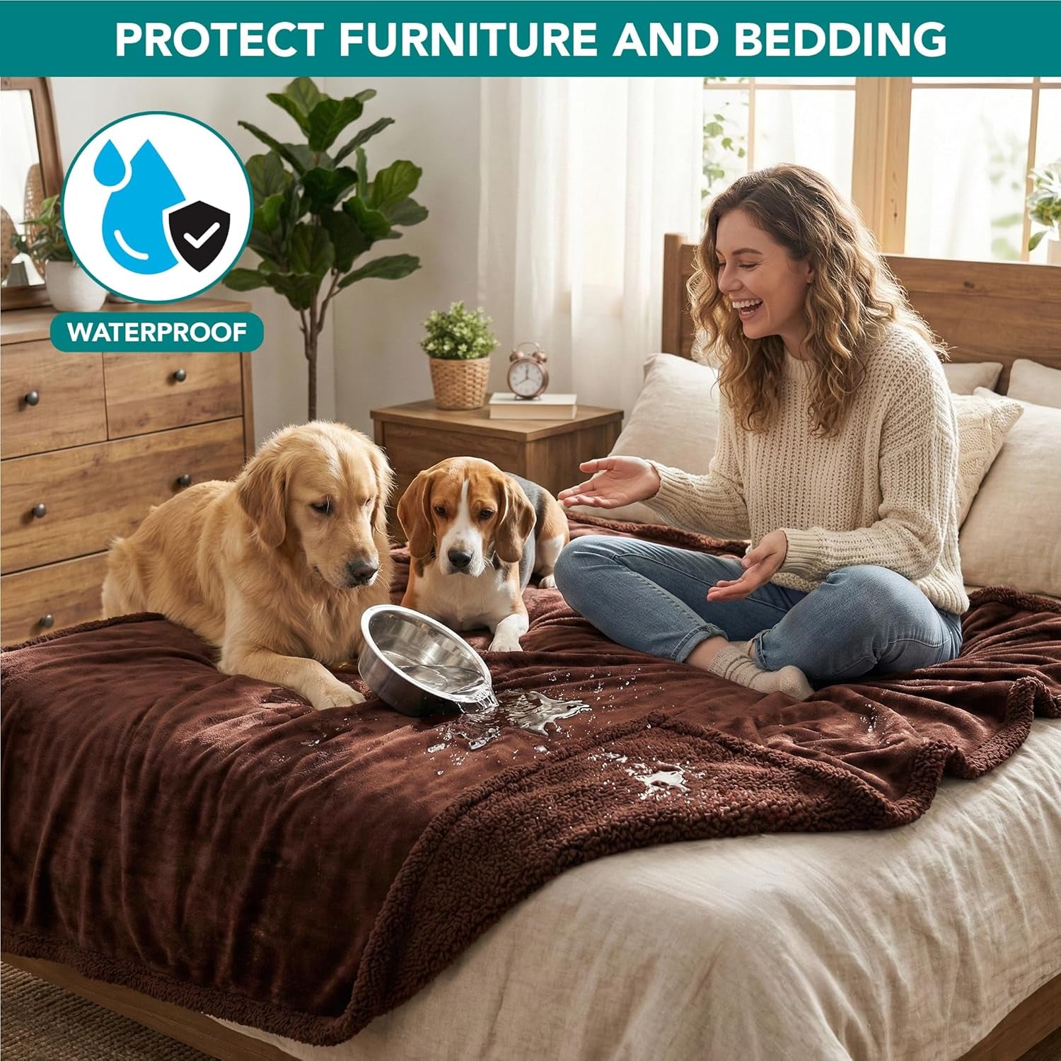 Waterproof Dog Blanket for Large Dog Cat Pet, 60X80, Brown Sherpa | 460 GSM Sherpa Fleece Reversible, Pee Proof, Furniture Protector Cover for Couch Sofa Bed Kennel, Washable, Extra Large